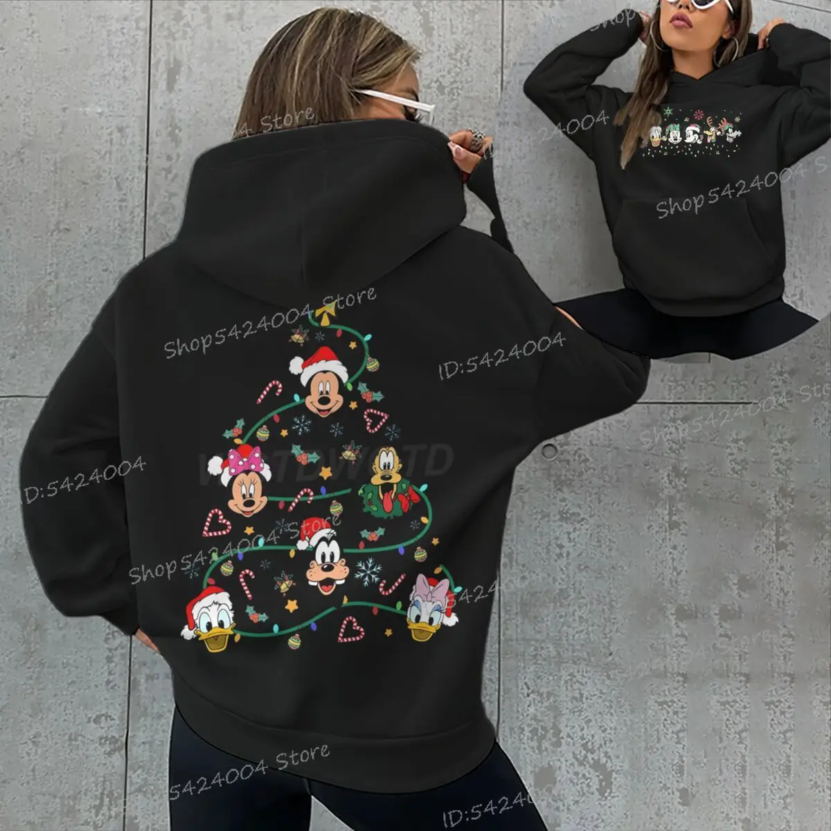 เสื้อฮู้ดมิกกี้มerry christmas party สำหรับผู้หญิงและผู้ชาย ปี 2025 เสื้อสเวตเชิ้ตมิกกี้และผองเพื่อนลายคริสต์มาส แขนยาว ผ้าฟลีซ เสื้อฮู้ด unisex