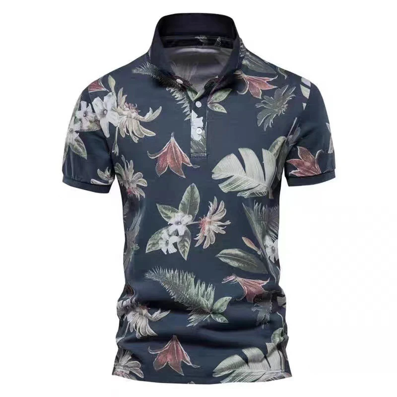 Summer Men\'s Leisure Polo Shirts Hawaiian Fashion Button Lapel Printed T-shirt Outdoor Golf Short-sleeved Shirt Street Wear