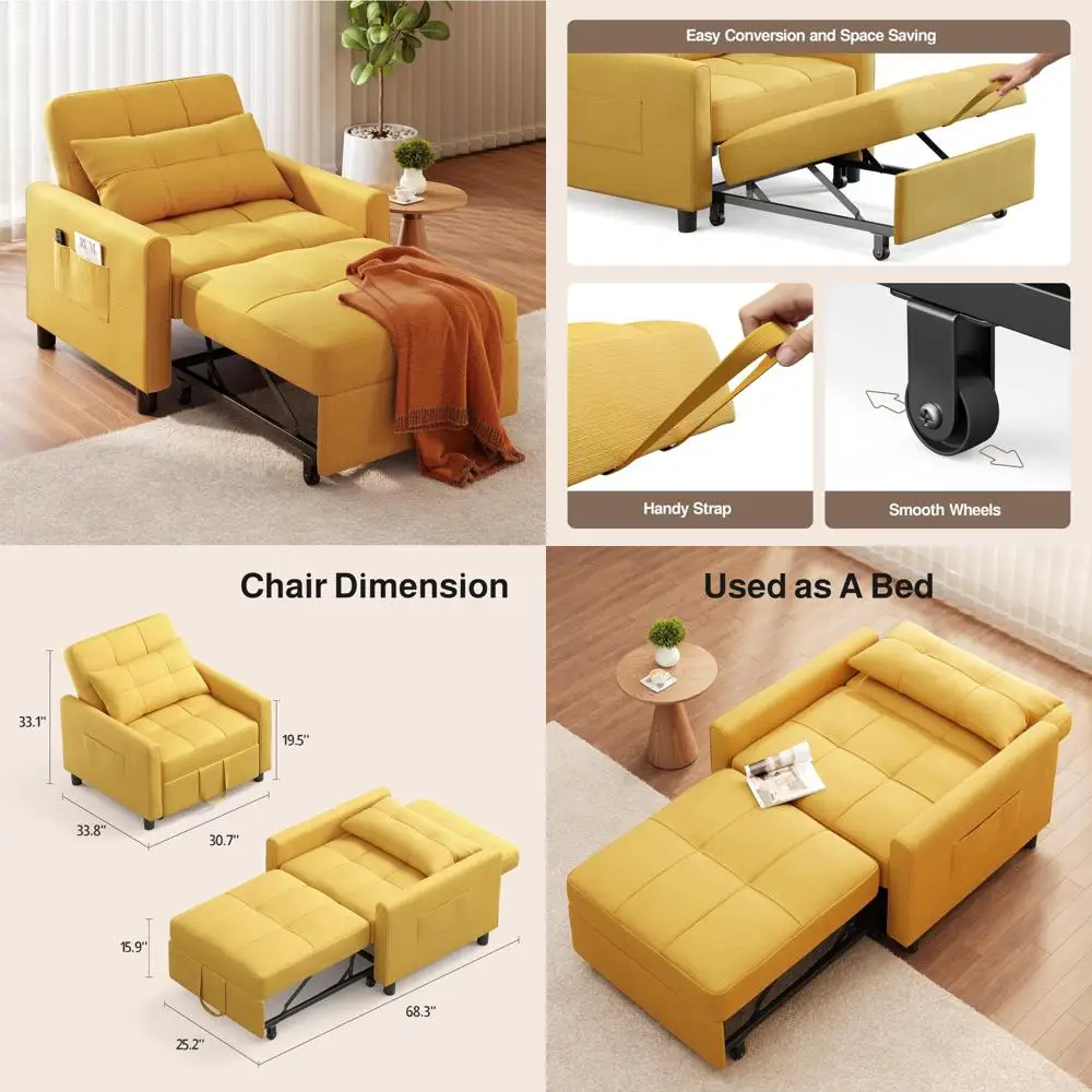 كرسي نوم قابل للتحويل مع مسند ظهر قابل للتعديل، جيب تخزين لغرفة المعيشة، سرير أريكة بتصميم 3 في 1 باللون الأصفر #1