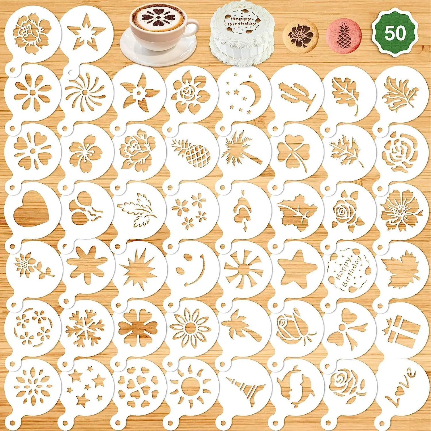 50Pcs Plastic Latte Art Stencils Hollow Template for Coffee Cocoa Powder Cake Cookie Decorating Pattern Sprinkling Use
