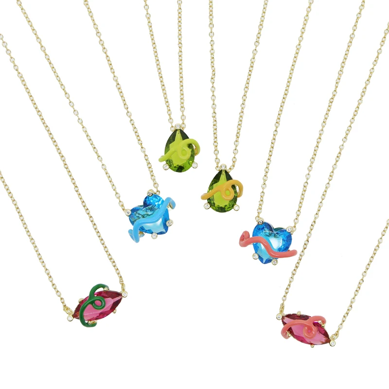 Geometric Heart Marquise Tear Drop Colorful Cubic Zirconia Wrap Enamel Lines 2022 New Unique Fashion Women Single Stone Necklace