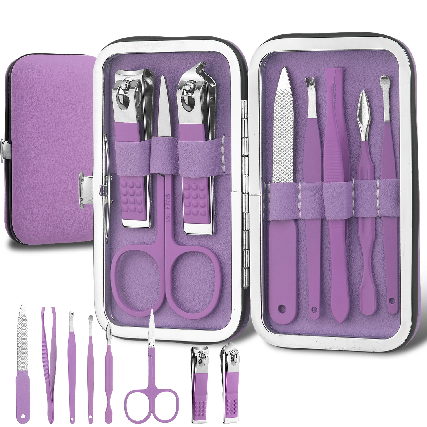 Nail Clippers and Beauty Tool Portable Set, Martensitic Stainless Steel Manicure Set 8 in 1, with Colourful Leather Bag