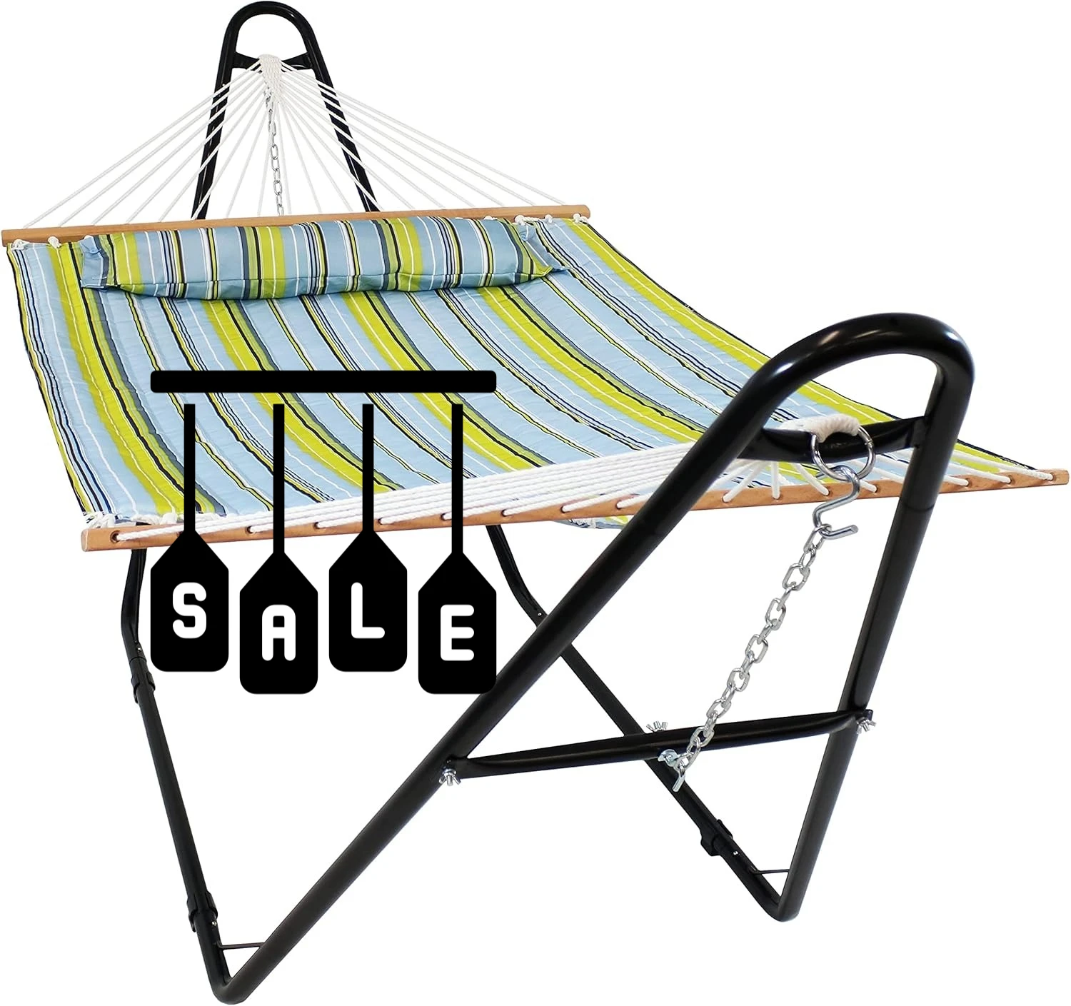 

450-Pound Capacity - Black Stand - Blue and Green - Double Quilted Fabric Hammock with Universal Steel Stand