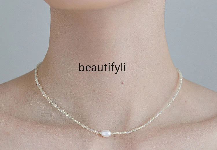 Ultra-fine citrine baroque pearl necklace women's new high-end collarbone chain