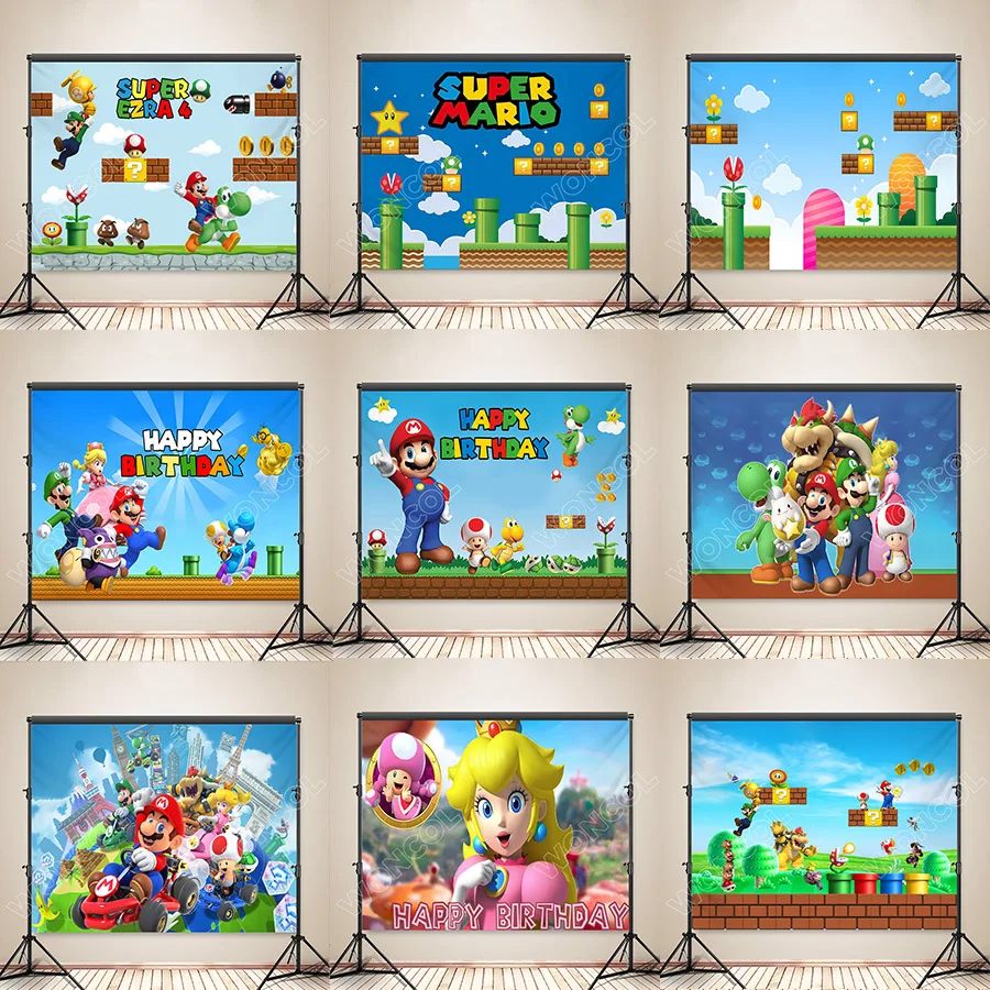 

Super Mario Bros Birthday Banner Toad Yoshi Mario Luigi Background Custom Super Mario Backdrop Baby Shower Party Decor Props