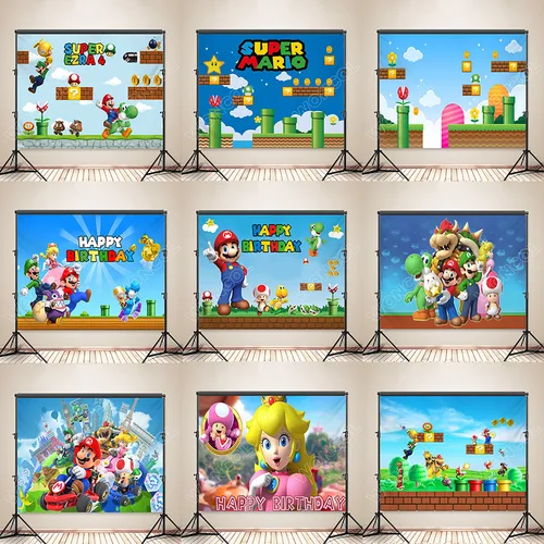 Super Mario Bros cartel de cumpleaños sapo Yoshi Mario Luigi fondo personalizado Super Mario telón de fondo Baby Shower accesorios de decoración para fiesta