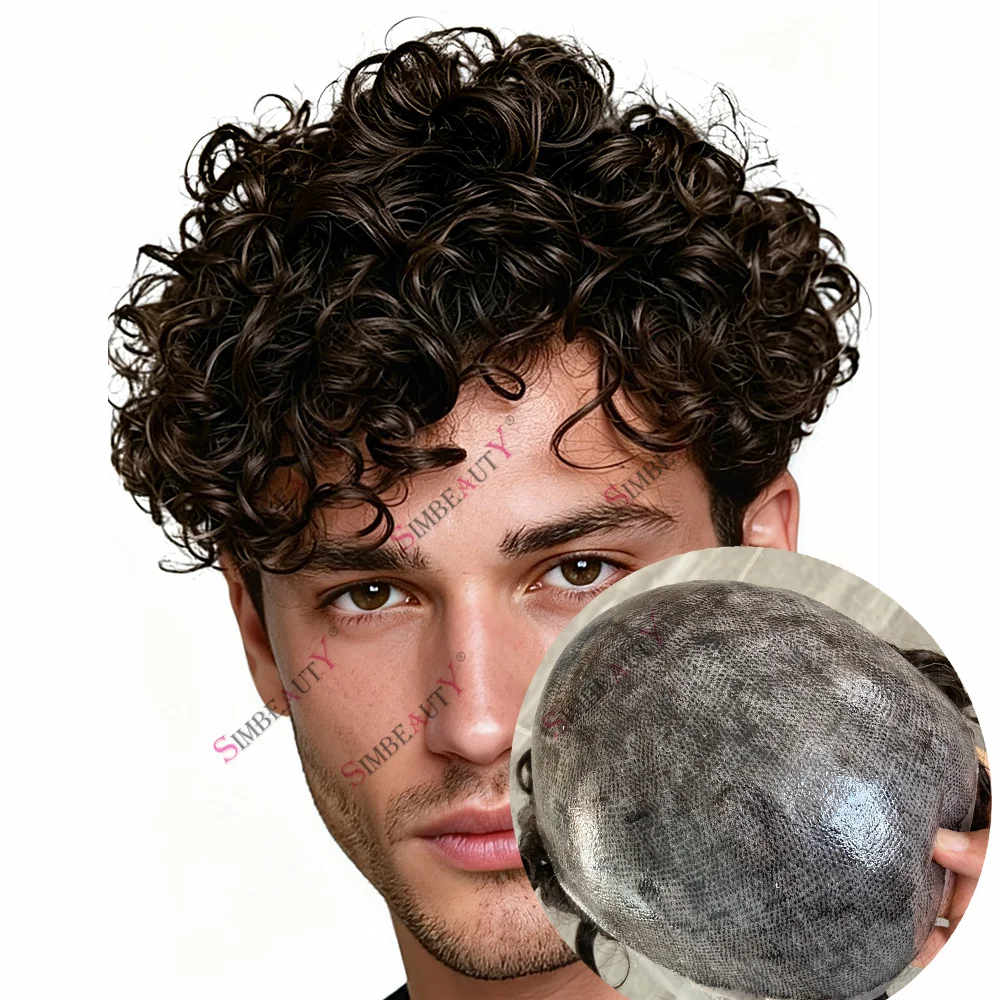 24MM Curly Men's Wigs Super Durable Full PU Base Toupee for Man Grey Black Brown Human Hair System 1b50 Male Capillary Prosthesi