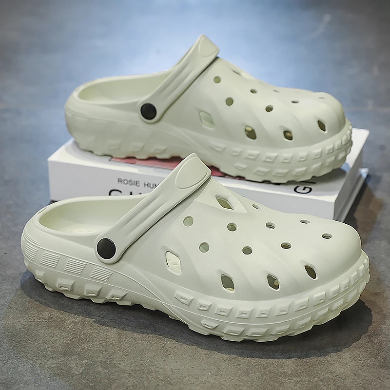Men's Thick-Soled Perforated Shoes, Breathable Hollow-Out Closed-Toe Sandals, Outdoor Beach Garden Non-Slip Slippers
