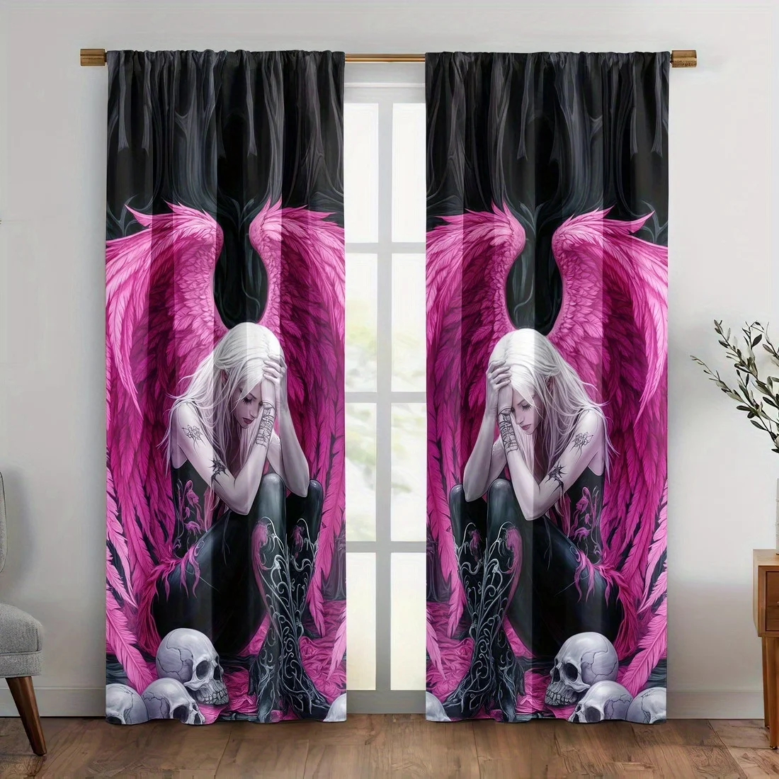 2pcs Skull Wings Gothic Art Print Curtains Light Filtering Window Drapes for Bedroom Living Room Modern Home Decor