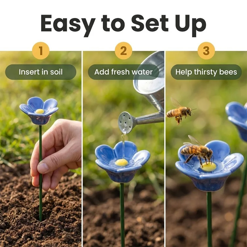 Blue Flower Shaped Ceramic Bee Watering Station 1/3/5/7 Pcs Insect Drinking Cup Home Garden Decoration Surprise DIY Bouquet Gift