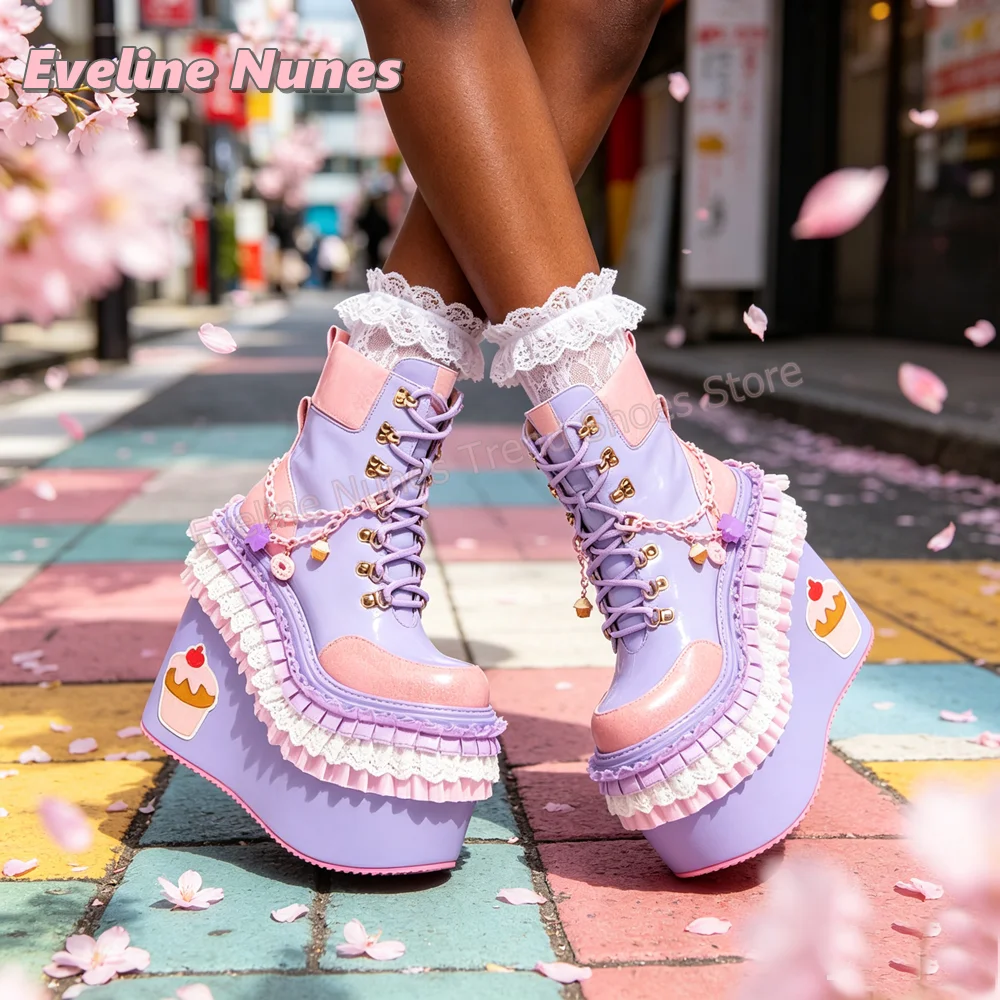 Sweet Gothic Lolita Wedge Ankle Boots Women Pastel Platform Ruffle Lace Chain Cupcake Decor Lace Up Cosplay Event Street Wear