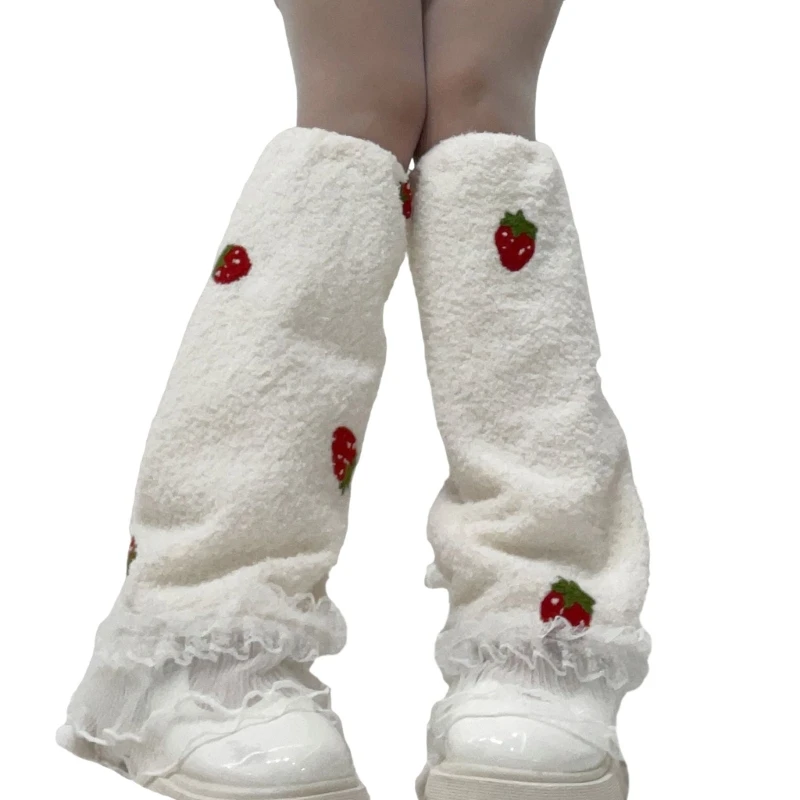 

Women Strawberry Plush Leg Warmers Ruffle Lace Fuzzy Boot Toppers Socks