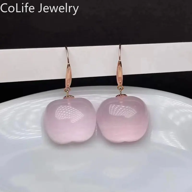 18K Rose Gold 12mm*14mm Natural Rose Quartz Drop Earrings for Party Apple Shape Gemstone Drop Earrings