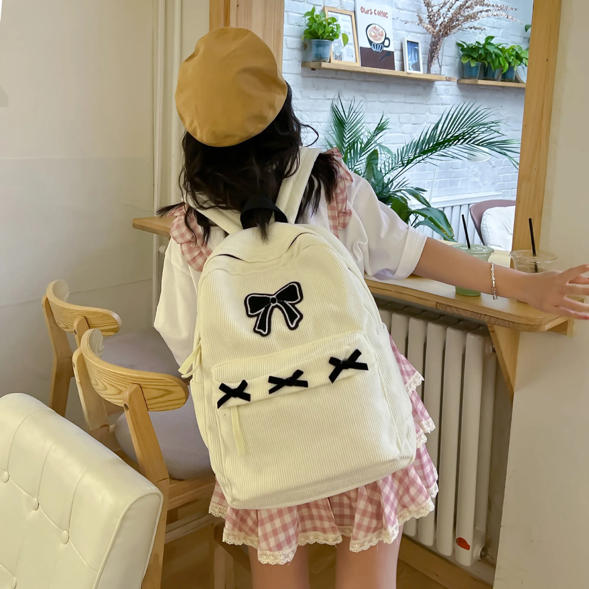 Girly Bowknot Backpack Soft Corduroy Fabric Padded Straps Cute Daypack for School College Outdoor Picnic Outings