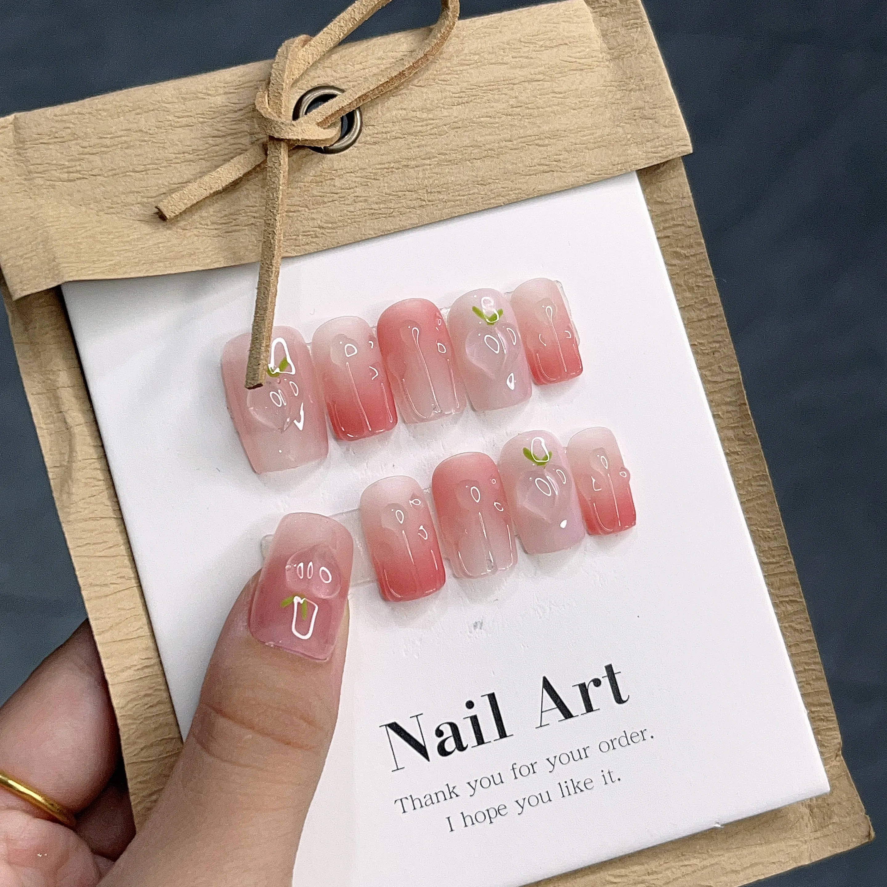 

Peachy Pink Press On Nails in Square Shape with Jelly Tips - Sweet and Cute Nail Art for Summer In Emmabeauty Store No.EM1643