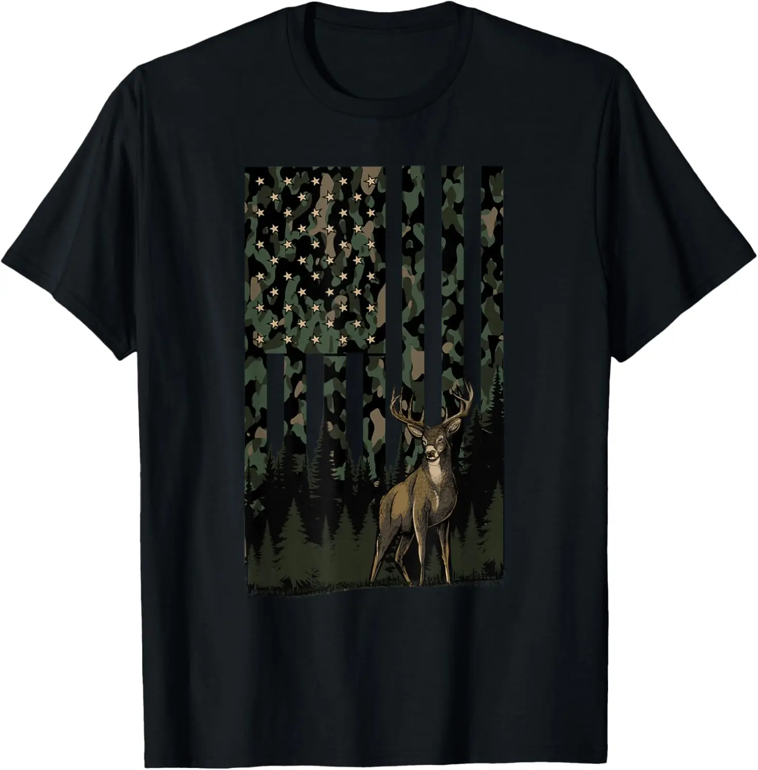 Camo Deer American Flag Graphic Hunting Gifts Men Dad Boys T-Shirt 100% Cotton Trendy Y2K Short-Sleeve Tee-Soft, Quick-Drying,