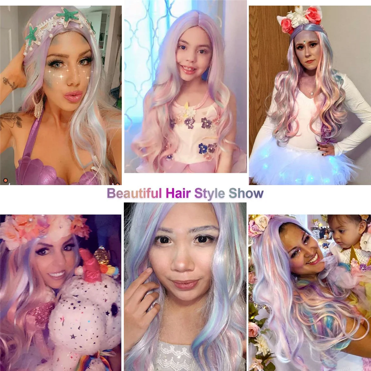 Highlight Dyed Mid-Length Curly Hair Synthetic Wig Wavy Rainbow Wig for Performance Music Festival Party Wedding