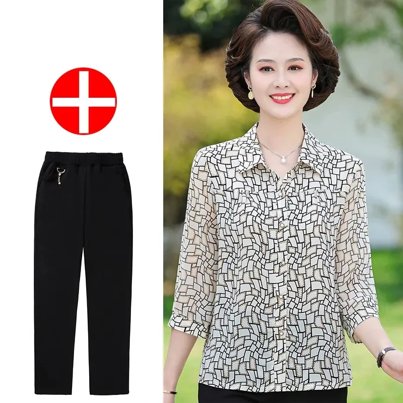 

Summer Ladies Chiffon Shirts 2025 Middle Aged Mother Seven Divide Sleeves Blouse Coat Korean Women Fashion Thin Cardigan Blouse