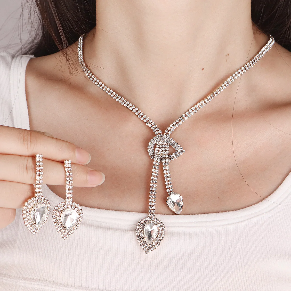 Baroque Large Rhinestone Necklace Earrings Set For Women Luxury Full Diamonds Costume Jewelry Accessories Gifts for friends