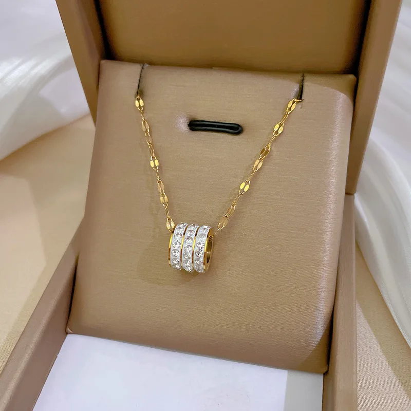 

18K Gold Plated Full Zircon Three Rings Pendant Necklace for Women Mouth Chain Titanium Steel Necklace Girls Gift