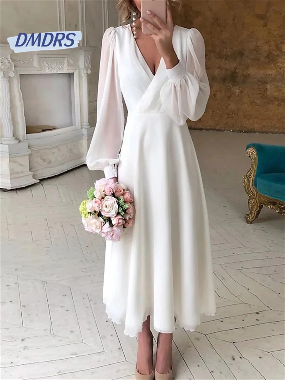 

Classic Deep V-neck Long Sleeve Wedding Dress Elegant A-line Tea-length Bridal Gown Simple Vestidos De Novia