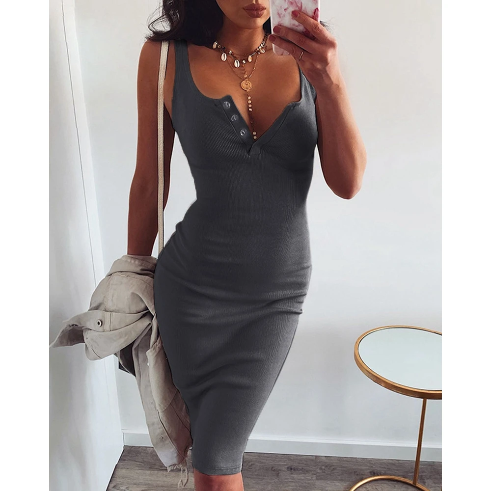 

Women New In Solid Color Midi Dress Sexy Lady Sleeveless Elegant Buttoned Ribbed Design Bodycon Dress Summer Casual Clothing