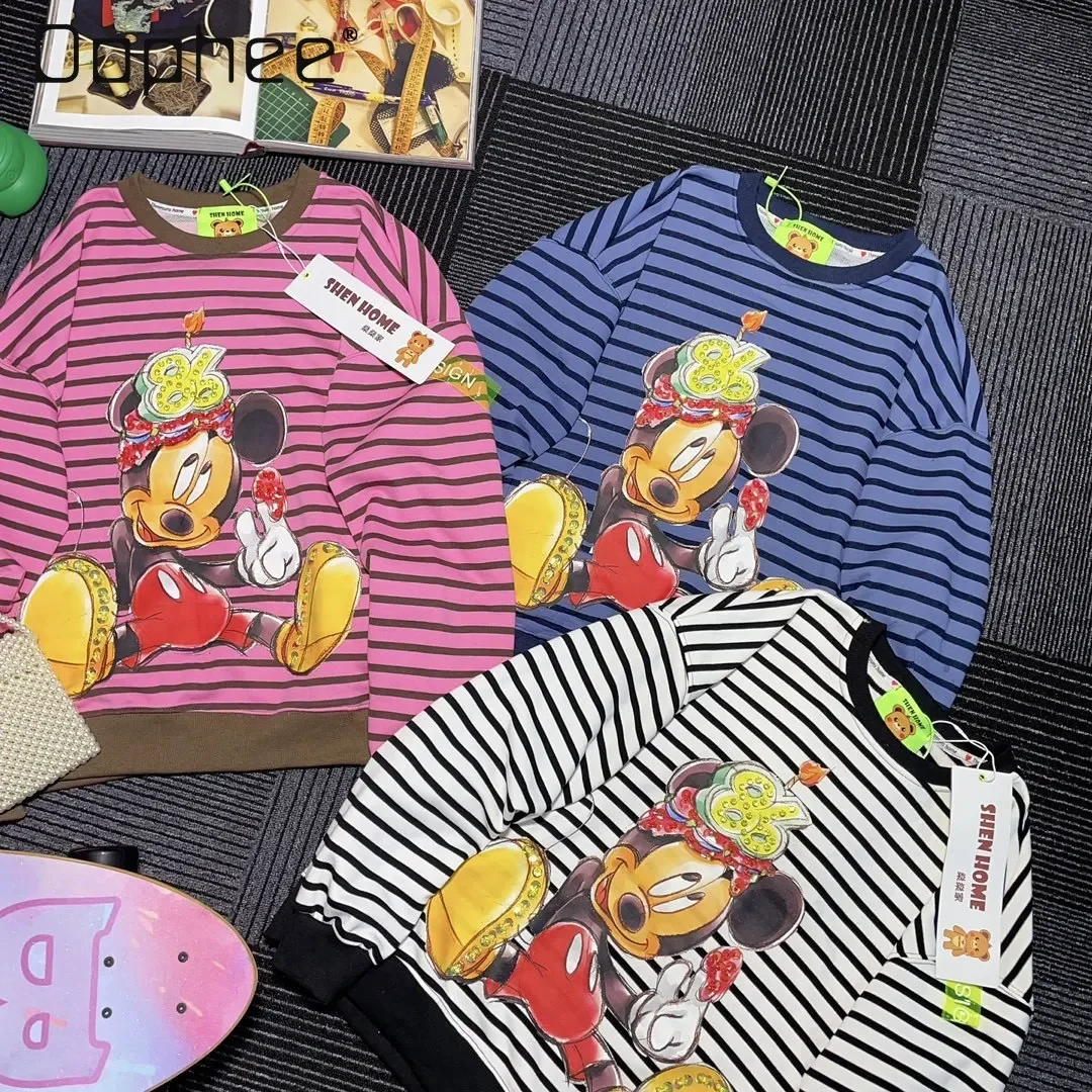 Fashion Color Contrast Striped Cartoon Print Casual Loose Sweatshirt Female 2023 Autumn Winter New Round Neck Pullover Hoodies