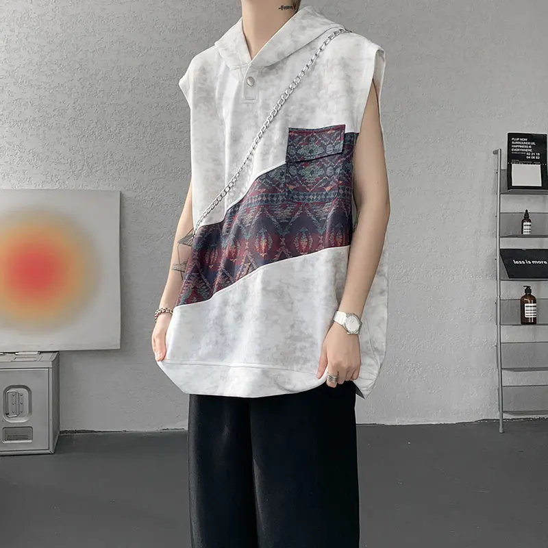 

Retro Ethnic Style Men's Oversized Tie Dye Hooded Vest Jacquard Patchwork Casual Streetwear Male Clothing