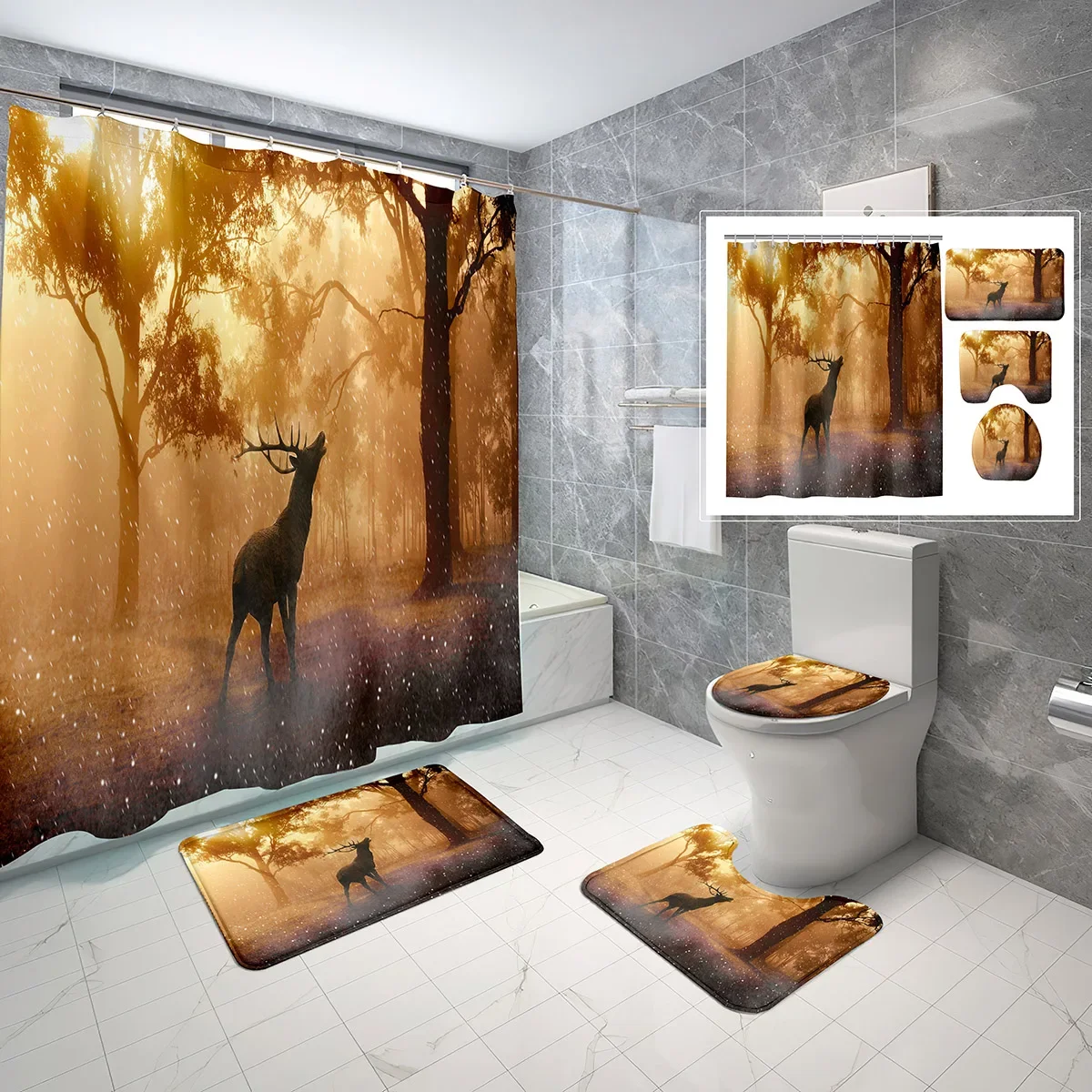 

4 Pcs Sika Deer Shower Curtain Sets with Non-Slip Rugs Mat Toilet Lid Nature Animals Grass Trees Waterproof Shower Curtain Set