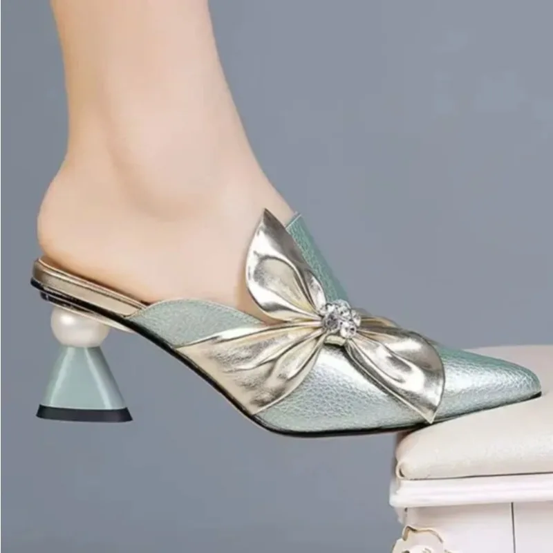 

Women Pumps Mules Leather Slippers Shoes for Women Summer High Heel Shoes Woman