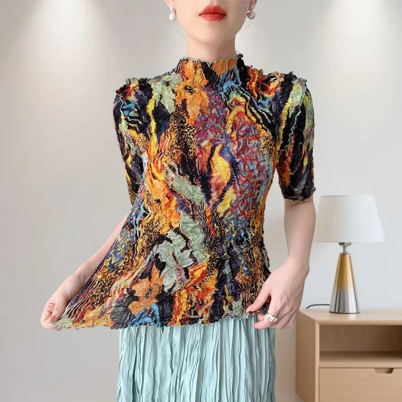 

Printed Summer Miyake Pleated Top Comfortable Casual Split Loose T-Shirt Round Neck Short Sleeve Stretchy Tight Office Women's