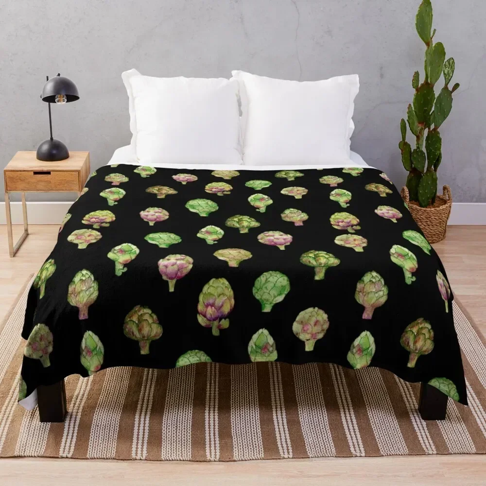 

Artichoke on black watercolor pattern Throw Blanket Fluffy Cozy Throw Blanket for Home Decor