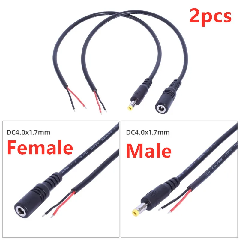 2PCS DC 4017 Male/Female Plug to Bare Wire Open End Cable 4.0mmx1.7mm Plug Power Pigtails Cable for Computer Power Camera LED