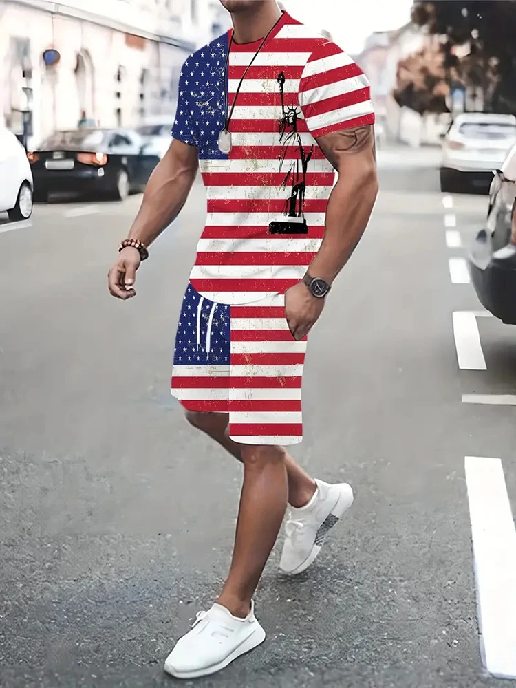 2024 New LIBRARY Men 4th Of July Patriotic 2 Piece Outfits Slim Fit Short Sleeve Muscle Shirt And Shorts Set Summer Tracksuits