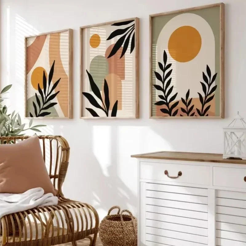 البوهيمي مجردة جدار الفن البيج الأخضر الطين الشمال الحديثة قماش اللوحة يترك كتلة غرفة نوم المشارك يطبع الصورة