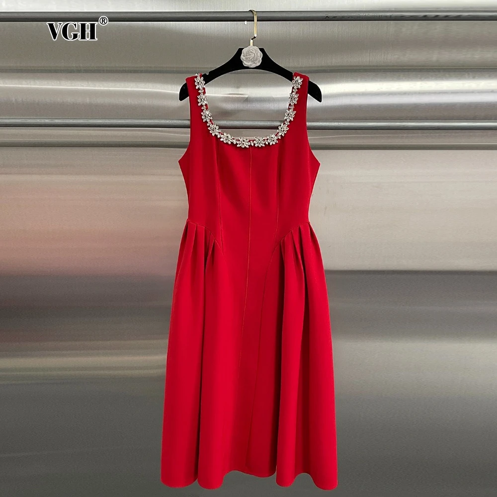 

VGH Solid Patchwork Diamonds Evening A Line Dresses for Women Square Collar Sleeveless Slimming Knee Length Dress Female Fashion