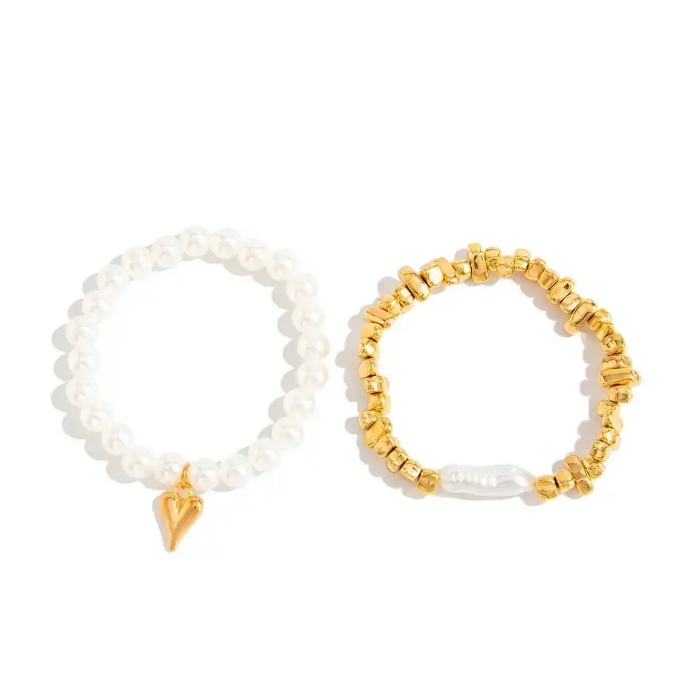 2Pcs/Set Elegant Imitation Pearl Bracelet for Women Bohemian Elastic Rope Chain Bracelet with Heart Pendant Jewelry Gift - 4