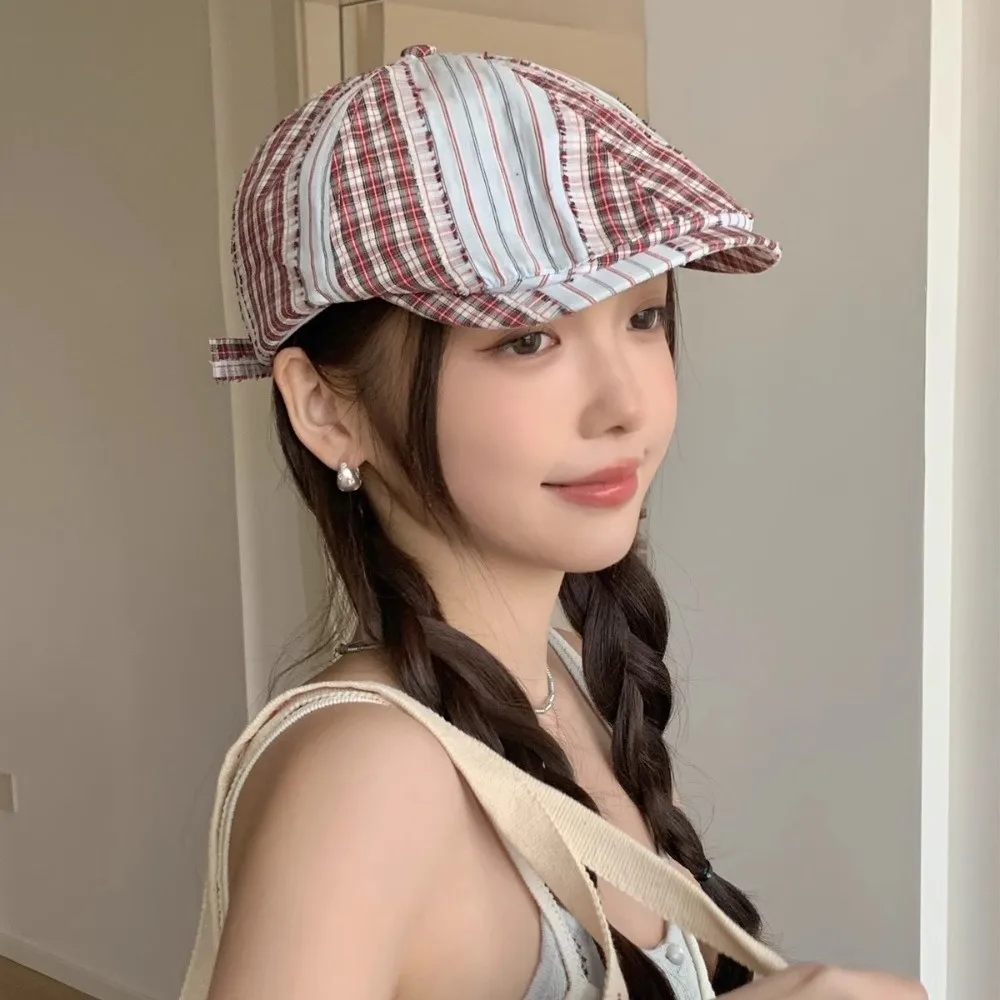 

Vintage Forward Cap Plaid Berets Korean Style Y2k Newsboy Caps Face Slimming Flat Painter Hat Girl