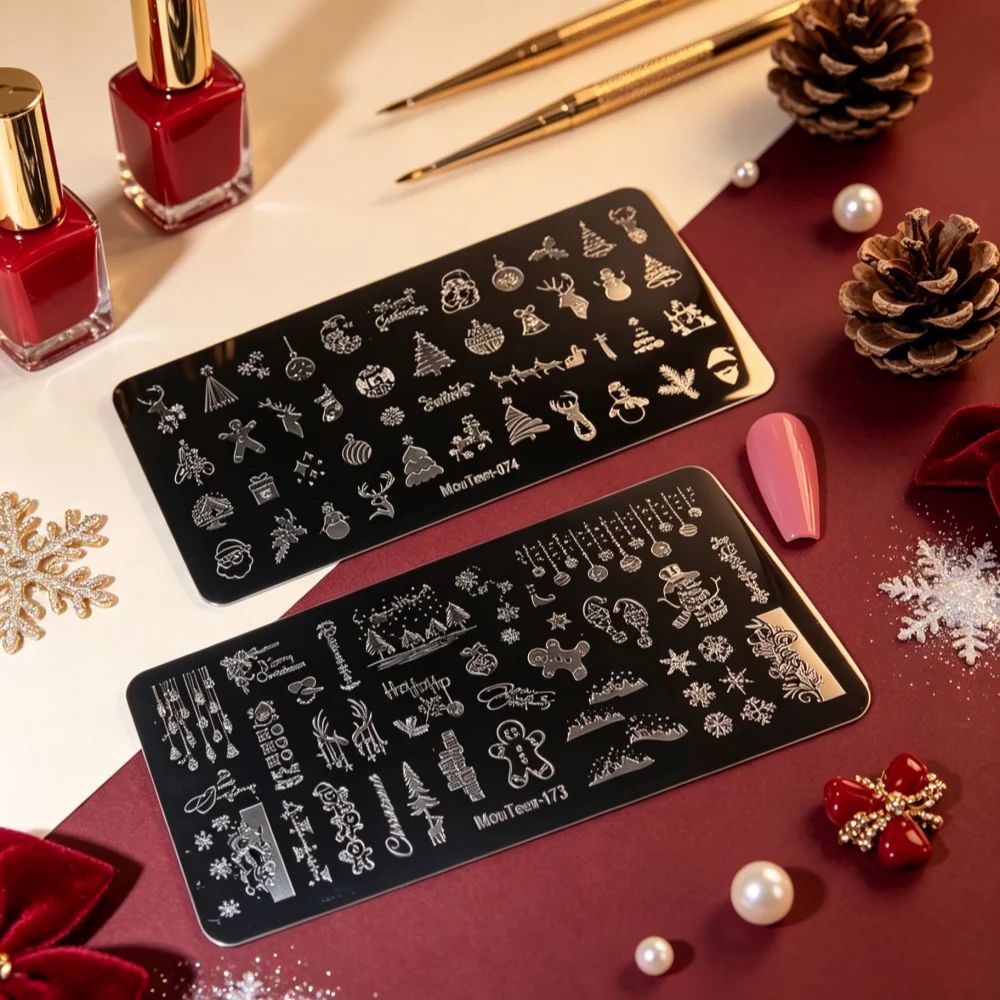 2Pcs Winter Festival Nail Stamping Plate Christmas Tree Snowflake Reindeer Santa Snowman Gingerbread Man Nail DIY Tools#074173