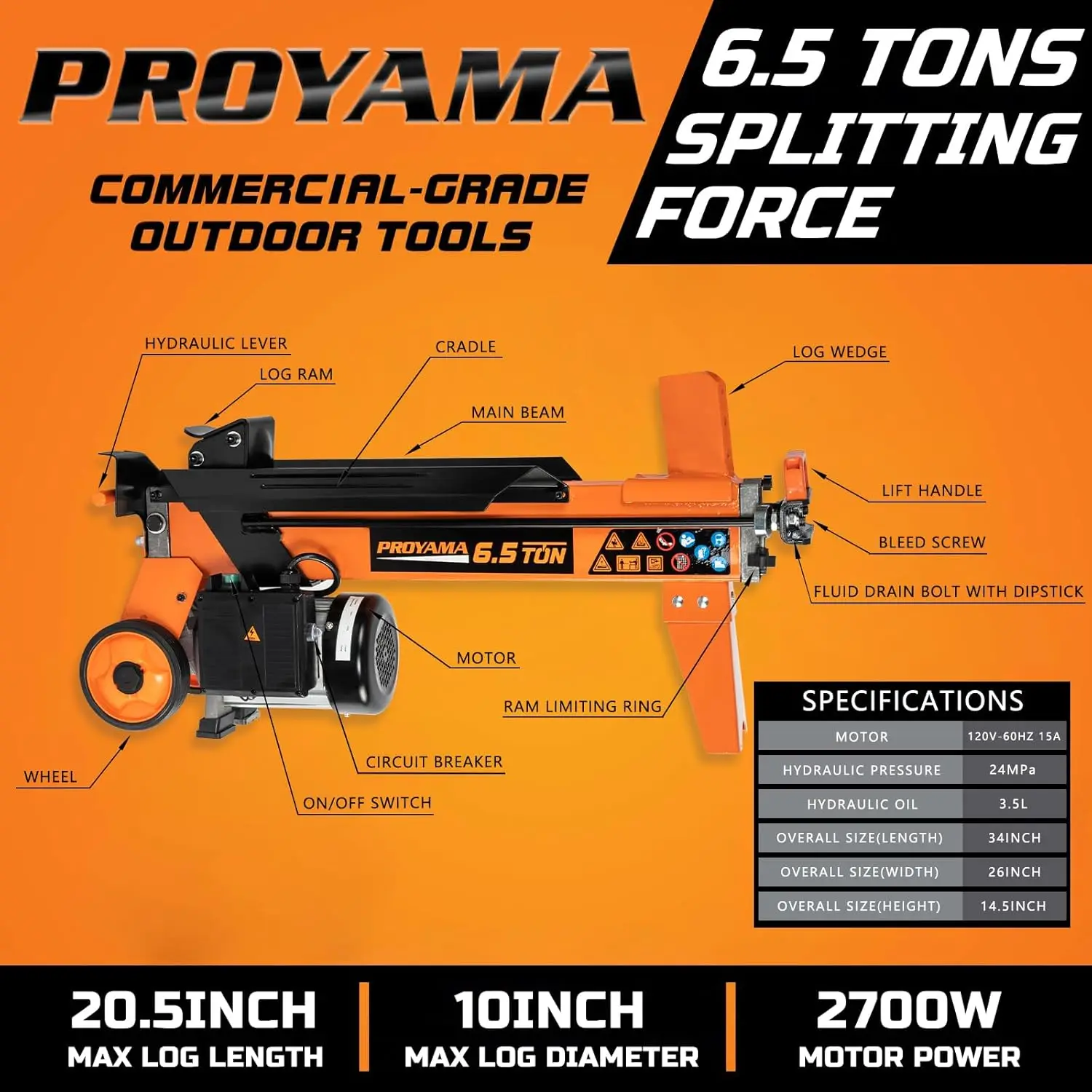 Wood Splitter Electric Powered 15Amp, with Hydraulic Ram, Electric Firewood Splitting Machine