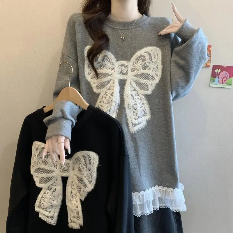 

New Autumn Winter Fashion Plus Size Women Bow Round Neck Long Sleeved T-Shirt Casual Loose Patchwork Lace Mid Length Tops Tshirt