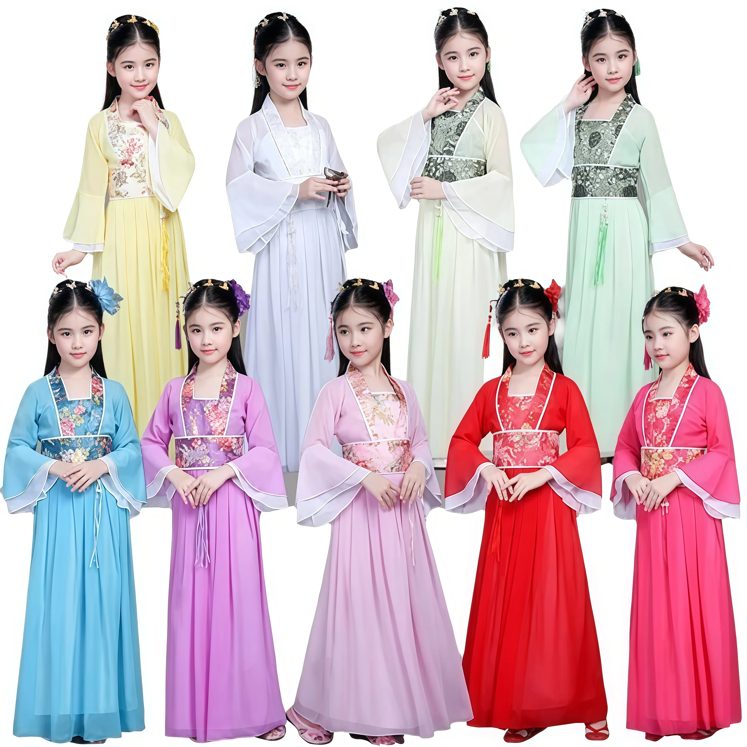 

Древние детские традиционные платья, китайский наряд, костюм для девочек, платье ханьфу для народного танца для детей, 7 цветов