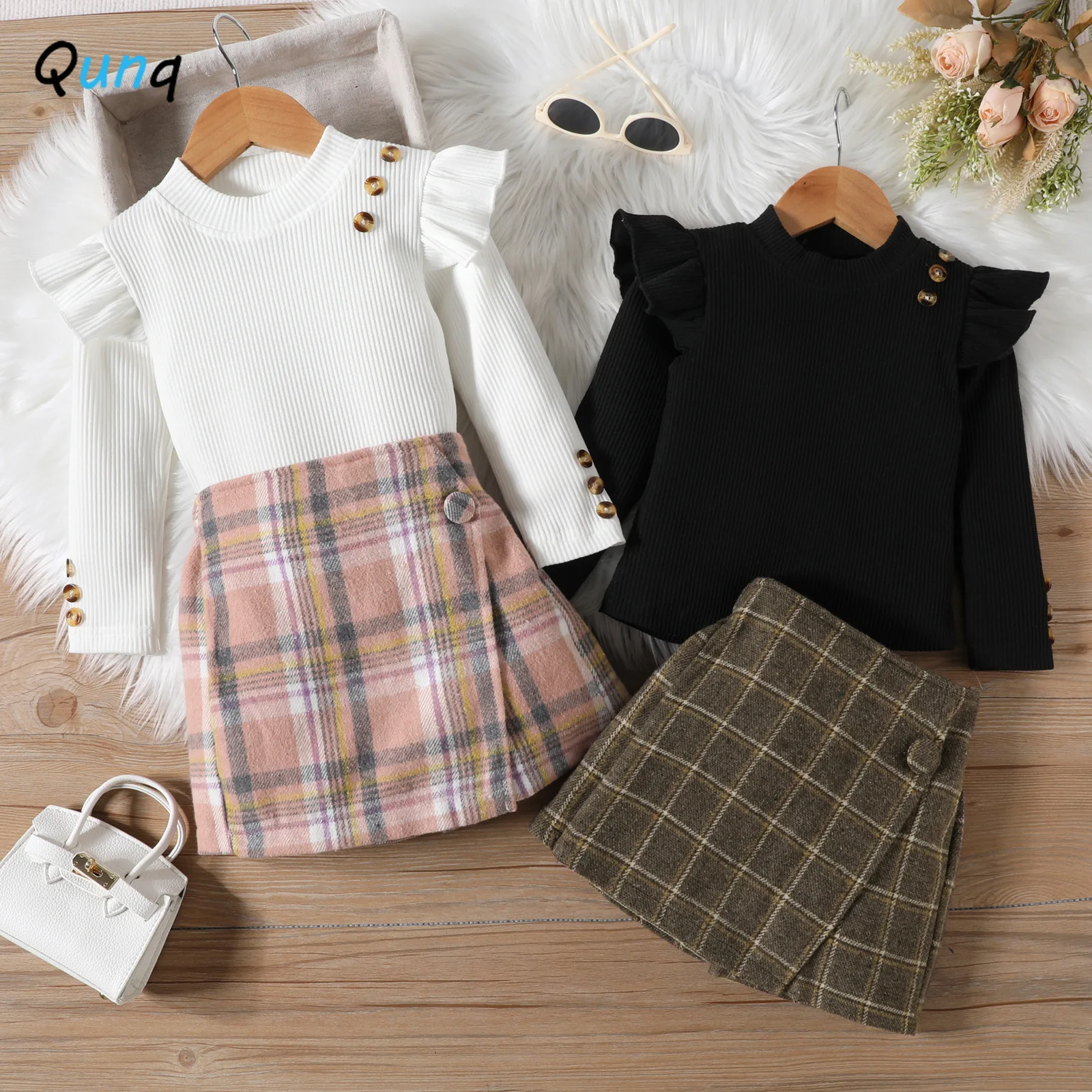 

Qunq 2023 Autumn Winter New Girls Button Long-sleeved Top + Plaid Patchwork Shorts 2 Pieces Set Casual Kids Clothes Age 3T-8T