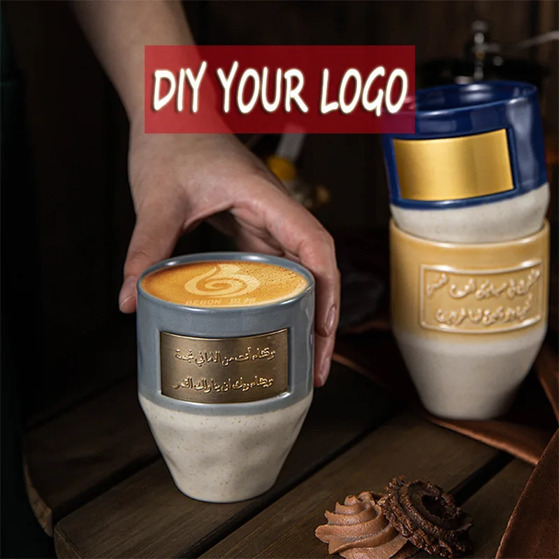

2025 new Middle Eastern style ceramic coffee cup pull flower creative personal water cup Coke cup with copper sheet inscription