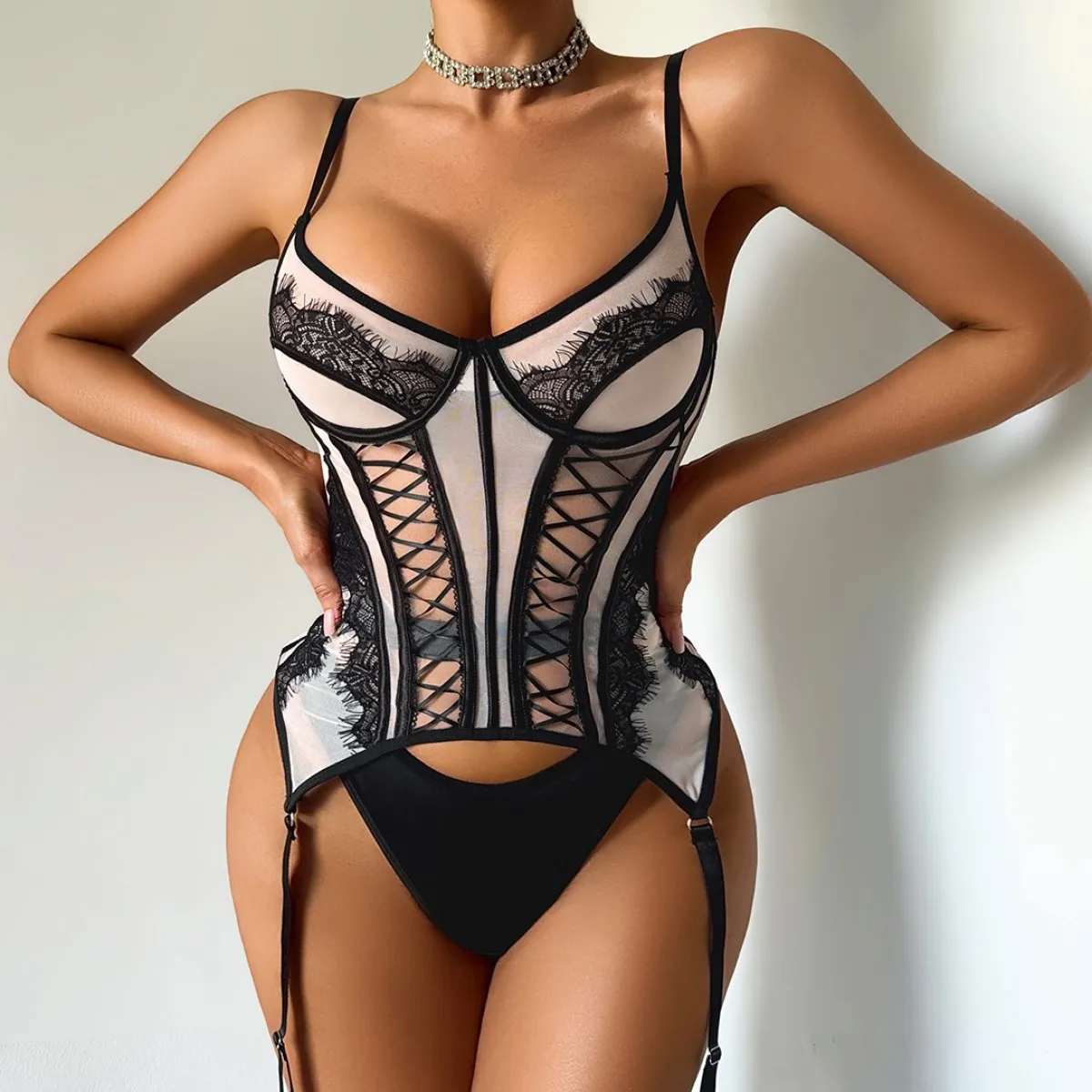 

2026 Fashion Spicy Girl Cross Strap Splicing Perspective Lace Mesh Fishbone Shaping Slim and Sexy Split Set