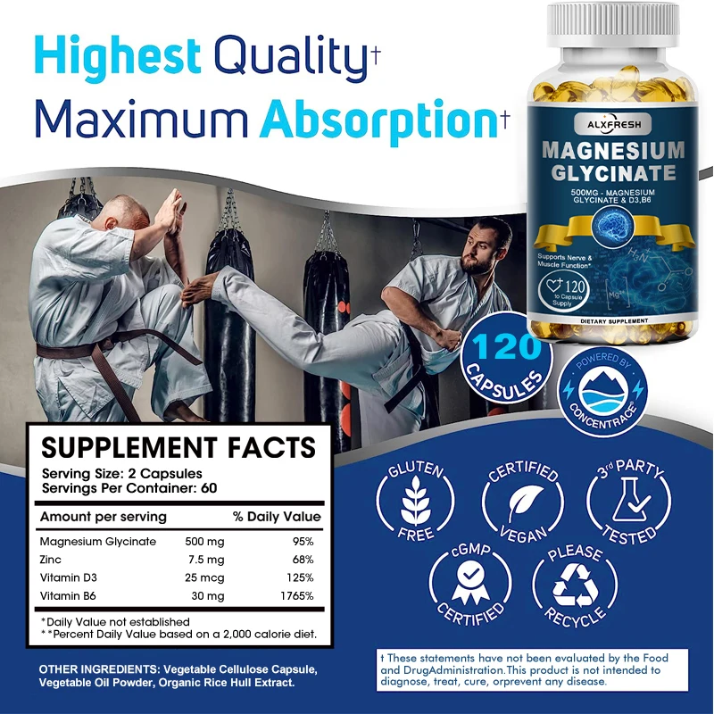 Magnesium Glycinate Supplement Zinc,Vitamin D3 B6, Support Muscle & Nervous, Immune System Tiredness Health