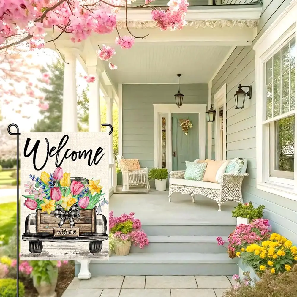 Spring Garden Flag 12x18, Welcome Vintage Truck with Flowers Yard Small Flag, Double Sided Burlap Outdoor Spring Décor for P MMZ