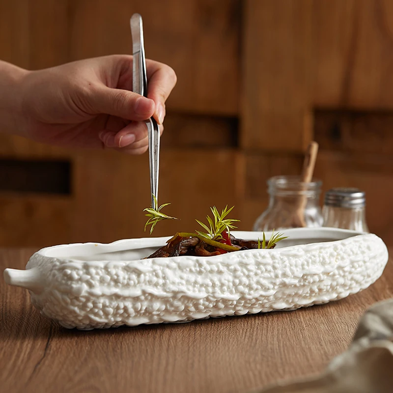 White Ceramic Balsam Pear Shaped Plate Household Long Deep Plate Hotel Tableware Kitchen Utensils Ceramic Tableware Plate