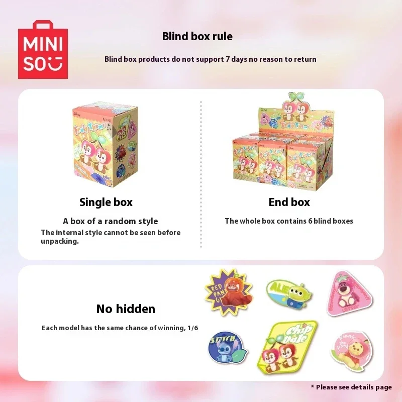 MINISO 디즈니 캐릭터 블라인드 박스 과일 모자 시리즈 인형 스티치로쏘 미스터리 박스, 귀여운 모델 장난감, 어린이 명절 선물, 정품