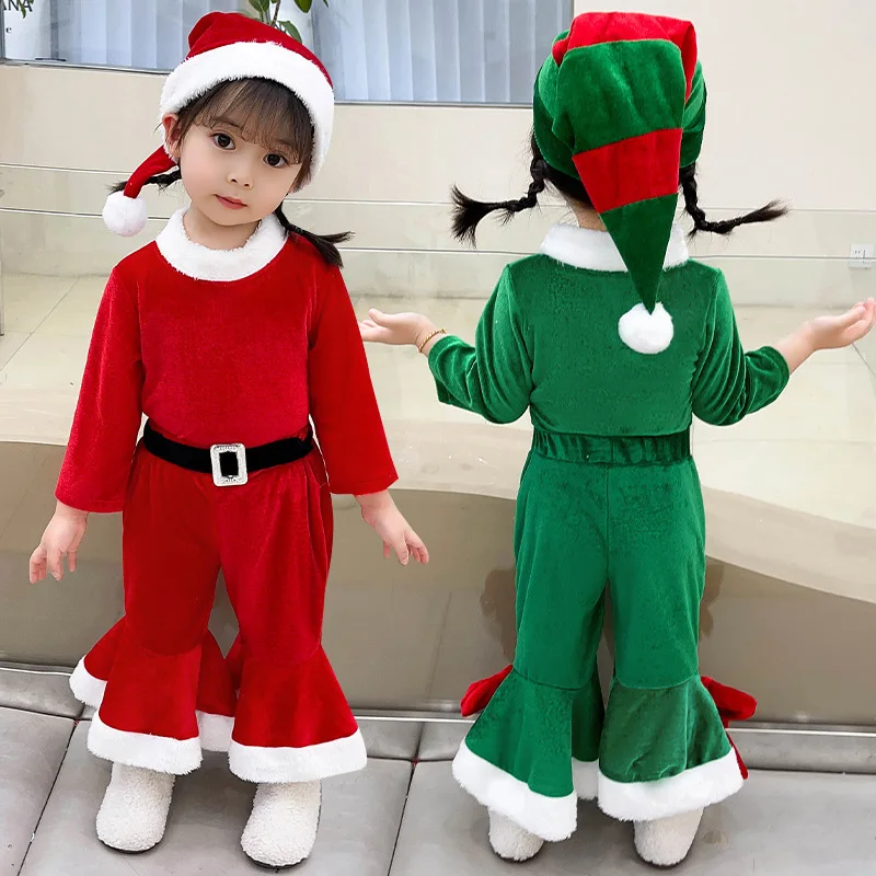 Christmas Children's Clothing Baby Christmas Clothing Boys and Girls Baby Red Green Flared Pants Set Solid